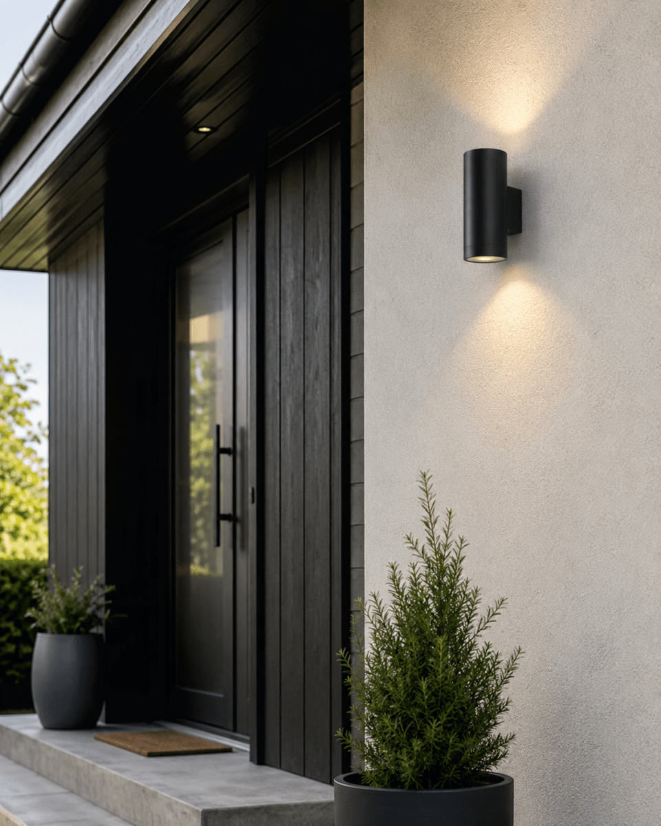 Oden Duo Zwart buitenlamp Van Lampan - Lampan lyser fint b&aring;de upp och ner p&aring; v&auml;ggen.