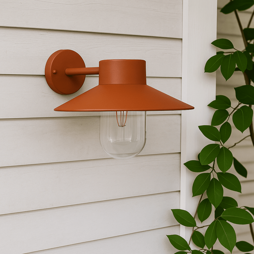 Onsala Roest buitenlamp Van Nordic Lighting - Onsala is een klassieke wandlamp in roest/oranje, gemaakt van aluminium en helder glas.