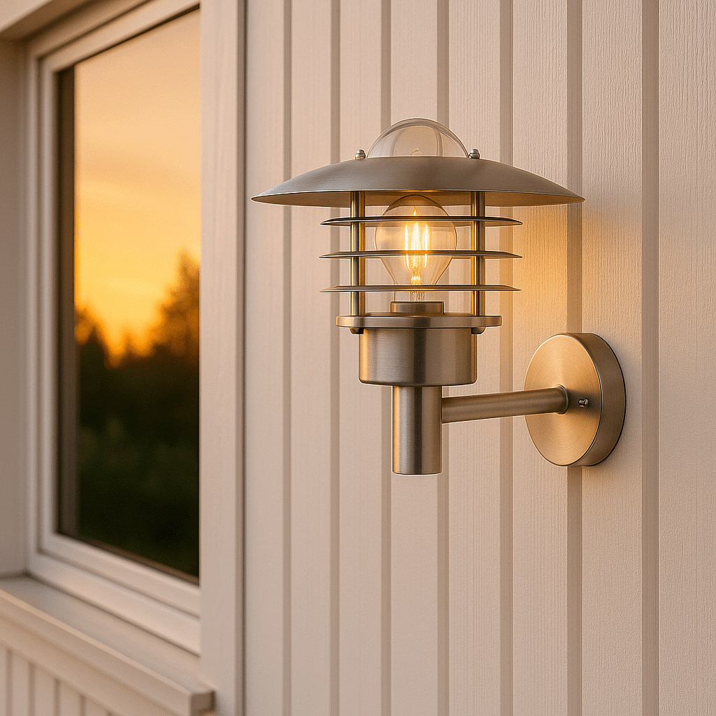 Kalmar Geborsteld staal buitenlamp Van Nordic Lighting - Het licht verspreidt zich aangenaam door het glas en cre&euml;ert een gastvrije sfeer bij de entree, aan de gevel of langs de huismuur.