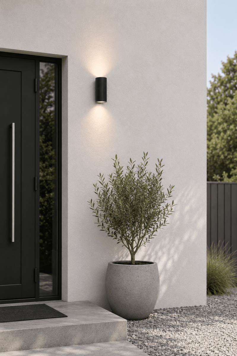Freja Duo Zwart buitenlamp Van Lampan - Het licht wordt zowel naar boven als naar beneden gericht en cre&euml;ert een prachtig lichteffect dat de gevel accentueert en een uitnodigende indruk geeft.