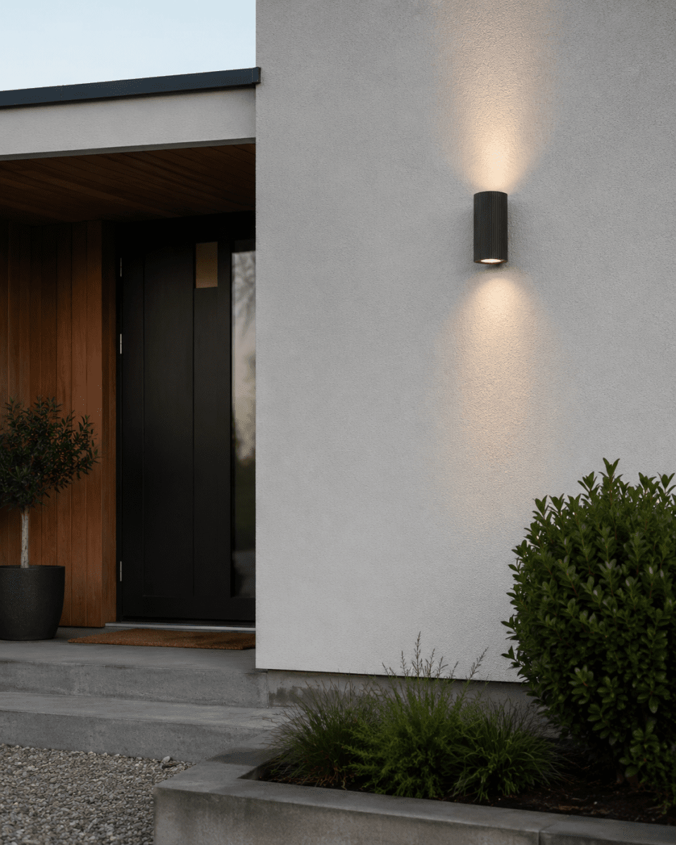 Freja Duo Antraciet buitenlamp Van Lampan - Het licht wordt zowel naar boven als naar beneden gericht en cre&euml;ert een prachtig lichteffect dat de gevel accentueert en een uitnodigende indruk geeft.