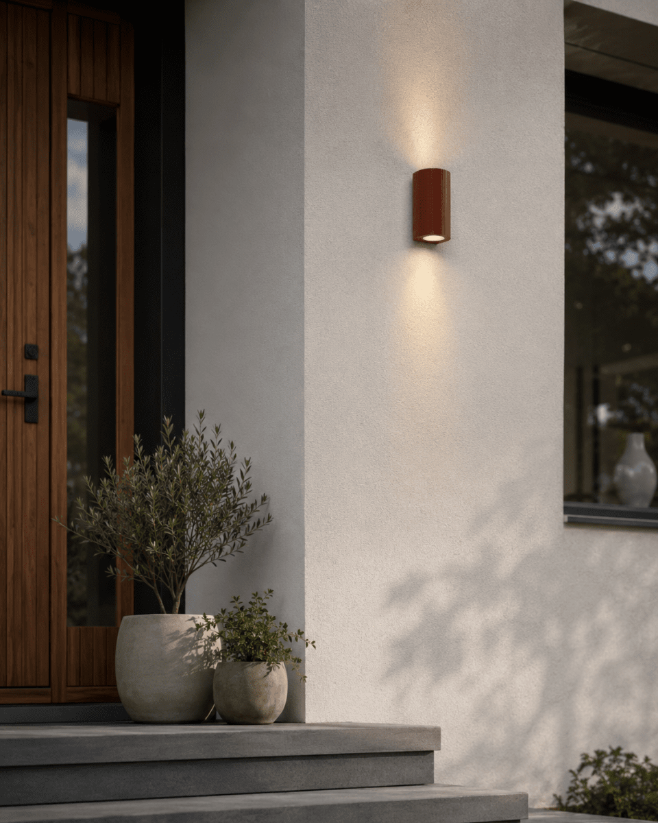 Freja Duo Roest buitenlamp Van Lampan - Gemaakt van metaal met een roestbruine/oranje afwerking en een decoratieve ribbelstructuur die de lamp een levendige en exclusieve look geeft.