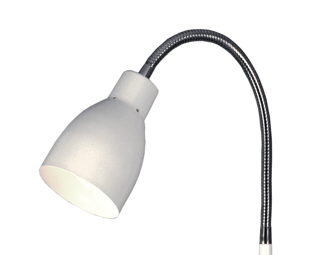 Sarek Wit vloerlamp Van Aneta Lighting - Sarek is een stijlvolle staande lamp in matwit metaal met een chromen flexarm voor eenvoudige aanpassing van het licht.