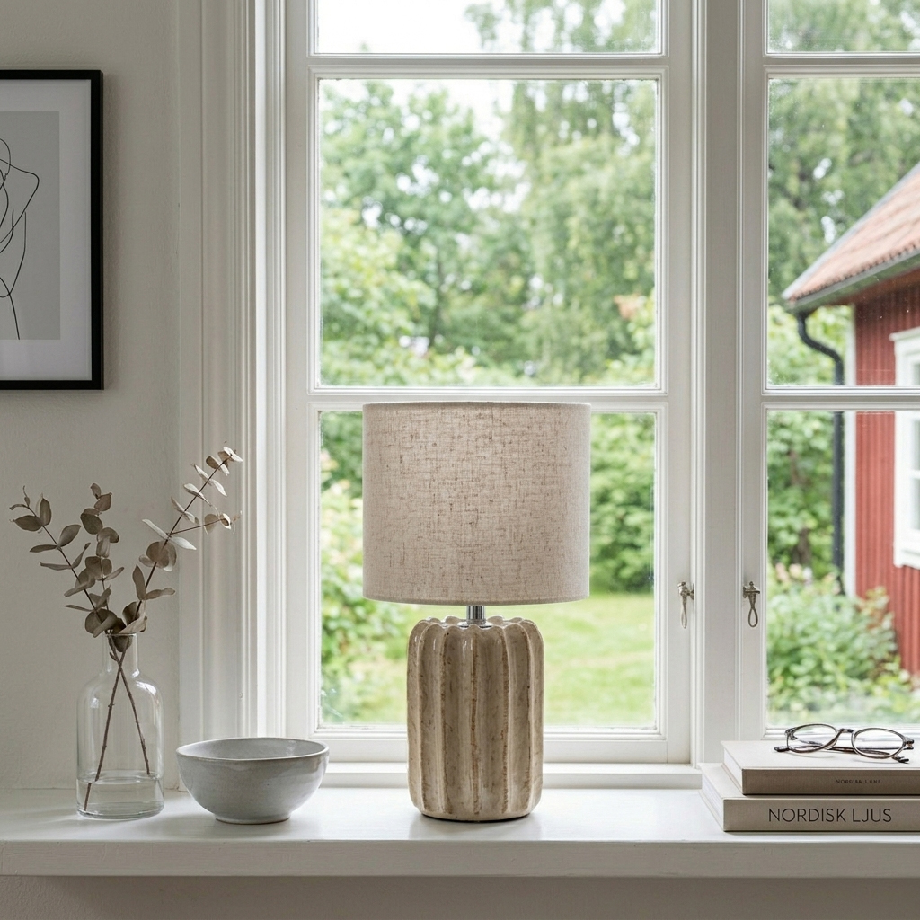 Flint 33cm Beige tafellamp Van Cottex - De lampvoet is gecombineerd met een beige textielen kap, wat een zacht en harmonieus geheel vormt.