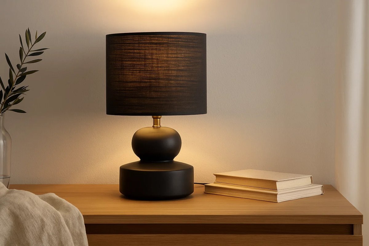 Muschi 36cm Zwart tafellamp Van Nordic Lighting - De Muschi tafellamp in zwart heeft een moderne keramische voet met zacht afgeronde vormen en een bijpassende linnen kap.