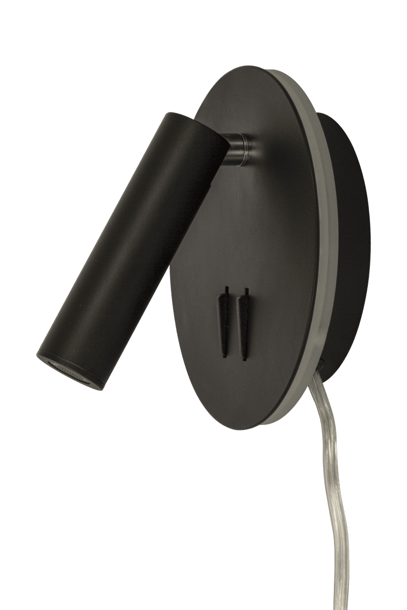 Ace Zwart leeslamp Van Aneta Lighting - De lamp is voorzien van een leeslamp met een verstelbare kop en indirecte verlichting die de muur rondom de lamp verlicht.