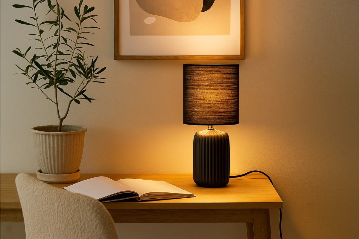 Palizzo 33cm Zwart tafellamp Van Nordic Lighting - De Palizzo tafellamp in zwart heeft een stijlvolle keramische voet met elegante groeven en een bijpassende linnen kap.