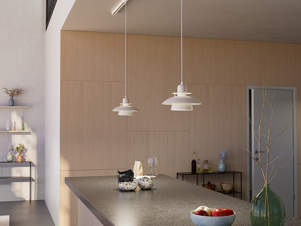 Primus IV Ø28 Glanzend wit hanglamp Van Belid - Het ontwerp dateert uit het midden van de jaren 80, maar door de jaren heen en door de verschillende trends die voorbij zijn gekomen, zijn de kleuren veranderd.