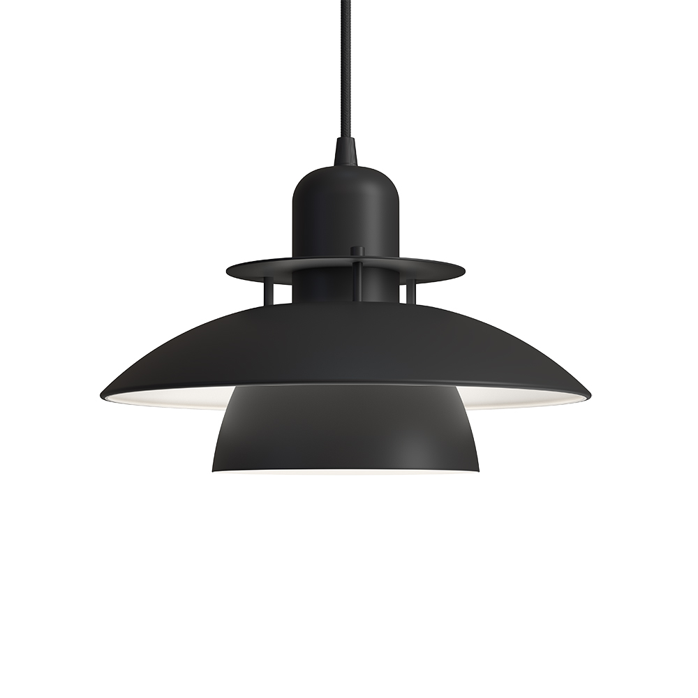 Primus IV Ø28 Matzwart hanglamp Van Belid - Het ontwerp dateert uit het midden van de jaren 80, maar door de jaren heen en door de verschillende trends die voorbij zijn gekomen, zijn de kleuren veranderd.