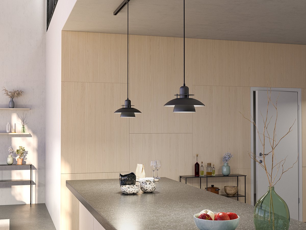 Primus IV Ø28 Matzwart hanglamp Van Belid - Het ontwerp dateert uit het midden van de jaren 80, maar door de jaren heen en door de verschillende trends die voorbij zijn gekomen, zijn de kleuren veranderd.