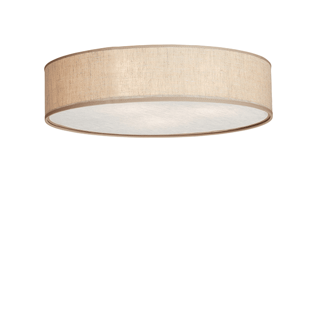 Soft Ø50 Beige linnen plafondlamp Van Belid - De lampenkap van linnen in een natuurlijke beige kleur is gecombineerd met een witte voetplaat die zorgt voor een gelijkmatige en niet-verblindende lichtverdeling.