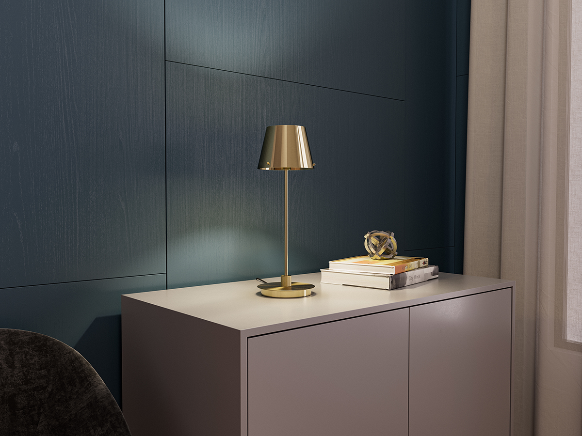 Gil il Grande 37cm Satijnkoper tafellamp Van Herstal - De Gil il Grande tafellamp heeft een stijlvol en modern design en is volledig gemaakt van metaal met een elegante satijn messing afwerking.