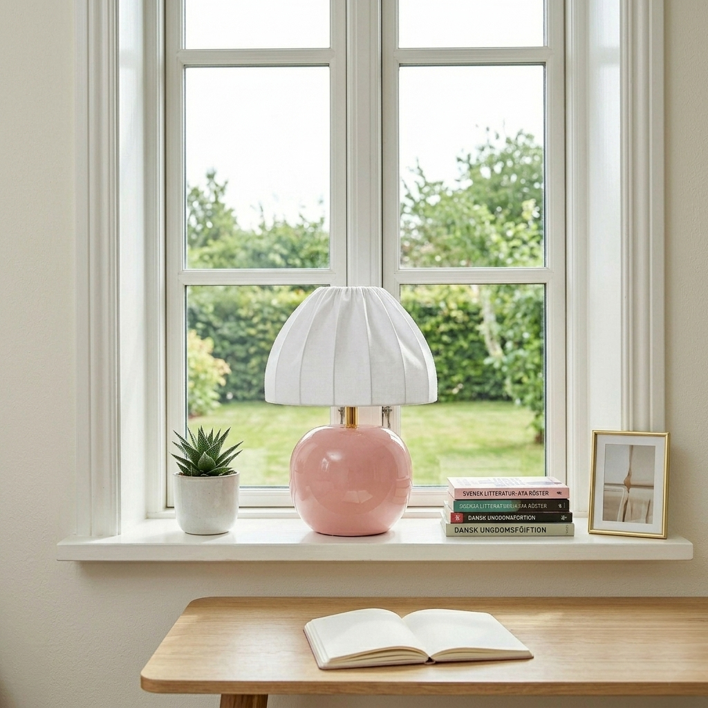 Peach 27cm Roze tafellamp Van Cottex - De witte textielen kap met een prachtig geplooid ontwerp vormt een mooi contrast met de kleurrijke voet en verspreidt een zacht en aangenaam licht.