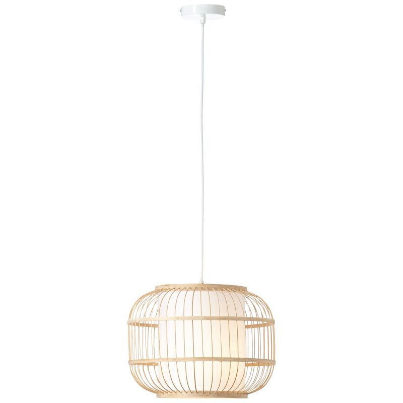 Bones Ø40 Hout hanglamp Van Brilliant - De kap is bekleed met hoogwaardig, wit textiel dat zorgt voor een zachte lichtverdeling, terwijl details van bamboe - een hernieuwbaar en milieuvriendelijk materiaal - bijdragen aan een natuurlijke en gezellige sfeer.