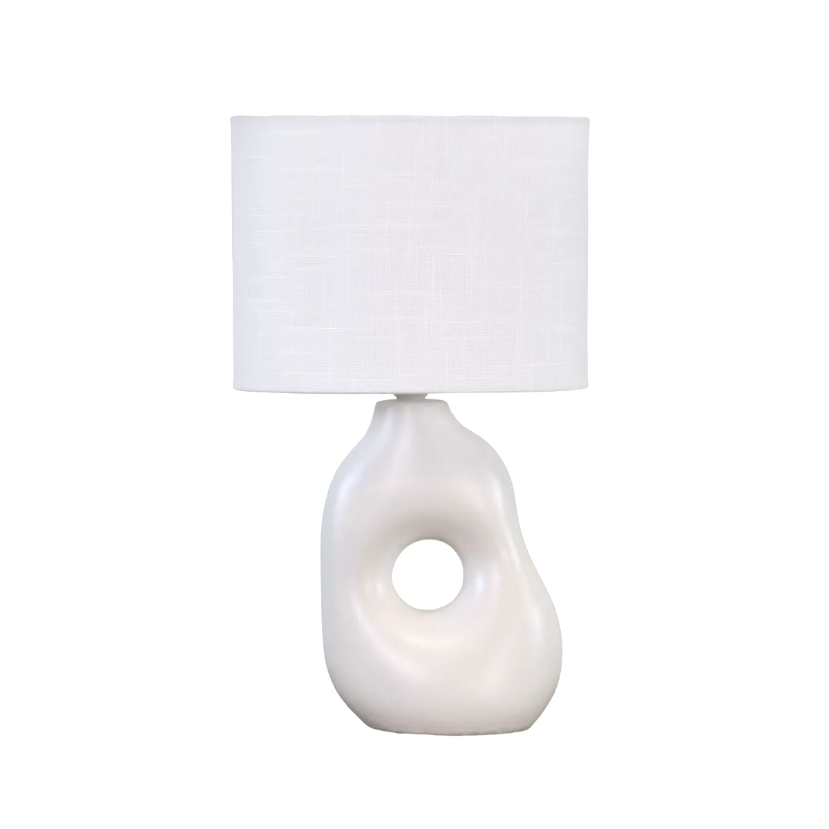 Pikazo 45cm Wit tafellamp Van Lampan - De Pikazo tafellamp heeft een unieke keramische voet met een sculpturale vorm en een decoratieve, doorlopende haardos, gecombineerd met een witte, ovale linnen kap.