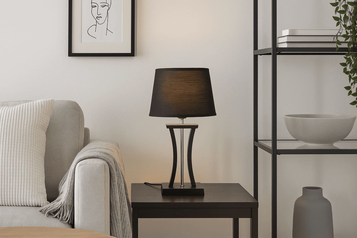 Pilastro 48cm Zwart tafellamp Van Lampan - Met zijn elegante, zwarte textielen kap en unieke metalen voet maakt hij een stijlvolle indruk, ongeacht of u hem in de woonkamer, slaapkamer of op het balkon plaatst.