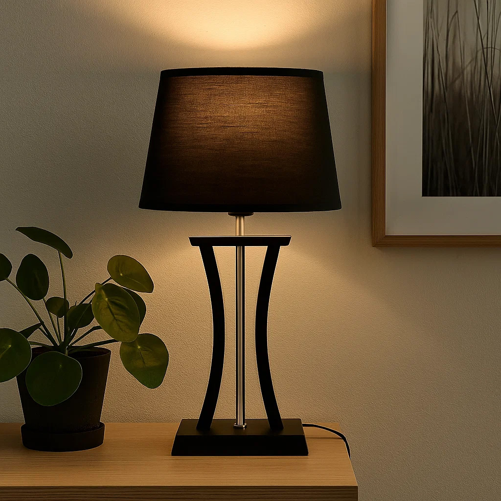Pilastro 48cm Zwart tafellamp Van Lampan - Met zijn elegante, zwarte textielen kap en unieke metalen voet maakt hij een stijlvolle indruk, ongeacht of u hem in de woonkamer, slaapkamer of op het balkon plaatst.