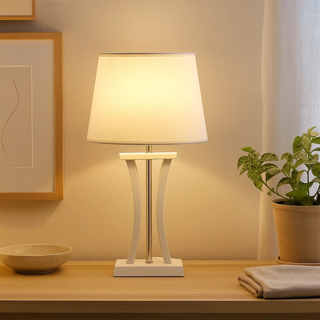 Pilastro 48cm Wit tafellamp Van Lampan - Met zijn elegante, witte, ovale lampenkap van textiel en unieke metalen voet maakt hij een stijlvolle indruk, ongeacht of u hem in de woonkamer, slaapkamer of op het balkon plaatst.