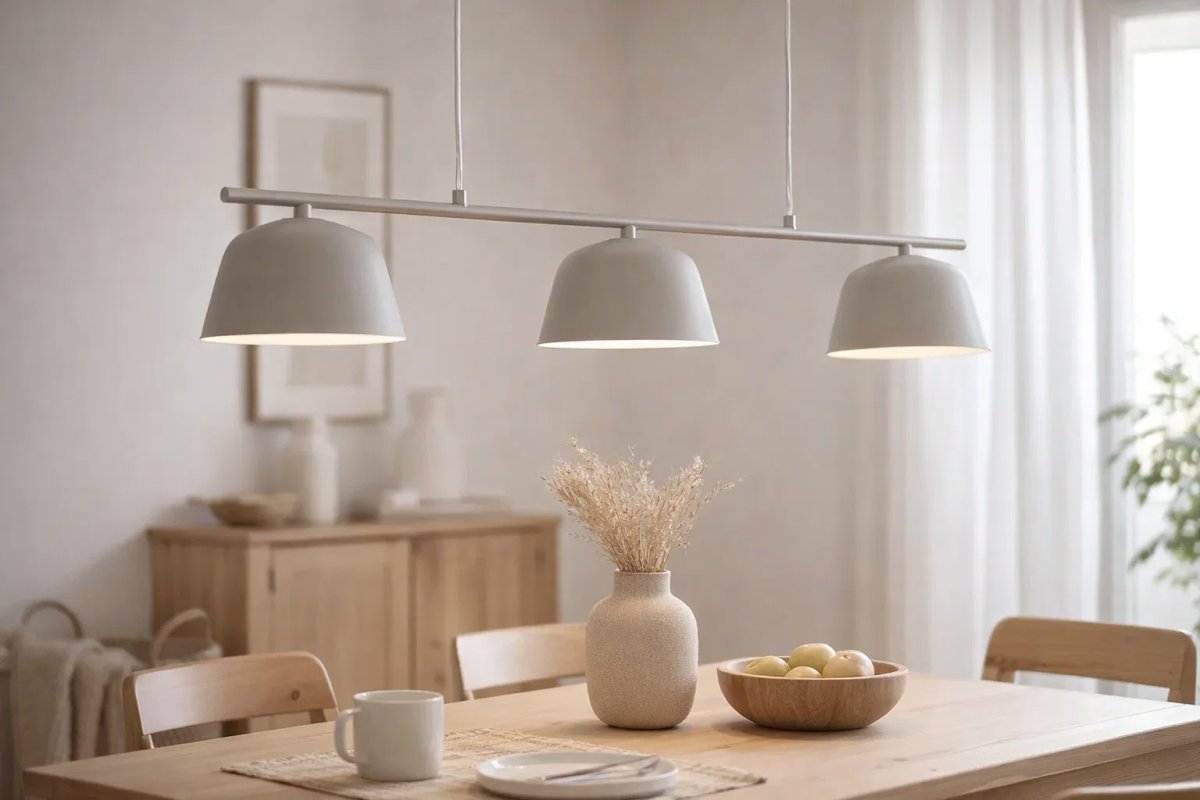 Pop 125cm Beige hanglamp Van Nordic Lighting - De strakke lijnen van de lamp worden gecombineerd met verschillende naar beneden gerichte kappen die een aangenaam en functioneel licht verspreiden boven de eettafel of keuken.