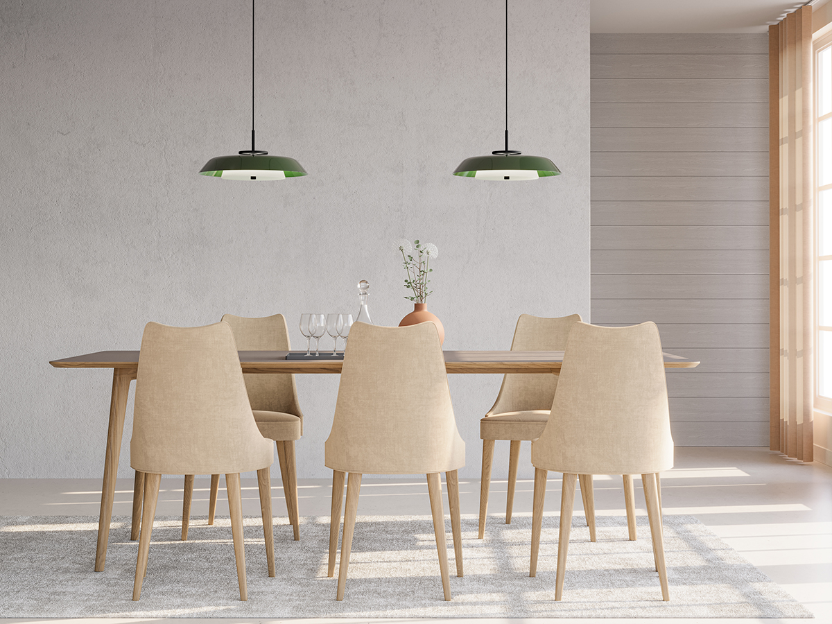 Horisont Ø43 Bosgroen hanglamp Van Belid - Deze lamp is geïnspireerd op en geworteld in zowel de geschiedenis van Belid als de ligging aan de kust van Varberg, en heeft een contrasterend en evenwichtig ontwerp.