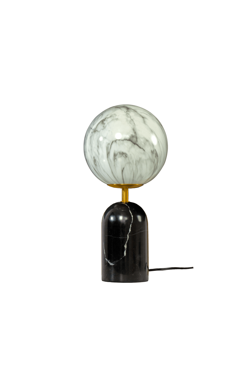 Pierre 30cm Zwart-wit tafellamp Van Aneta Lighting - De massieve zwarte stenen lampvoet geeft de lamp een karaktervolle uitstraling en wordt aangevuld door stijlvolle metalen details met een matte messing afwerking.