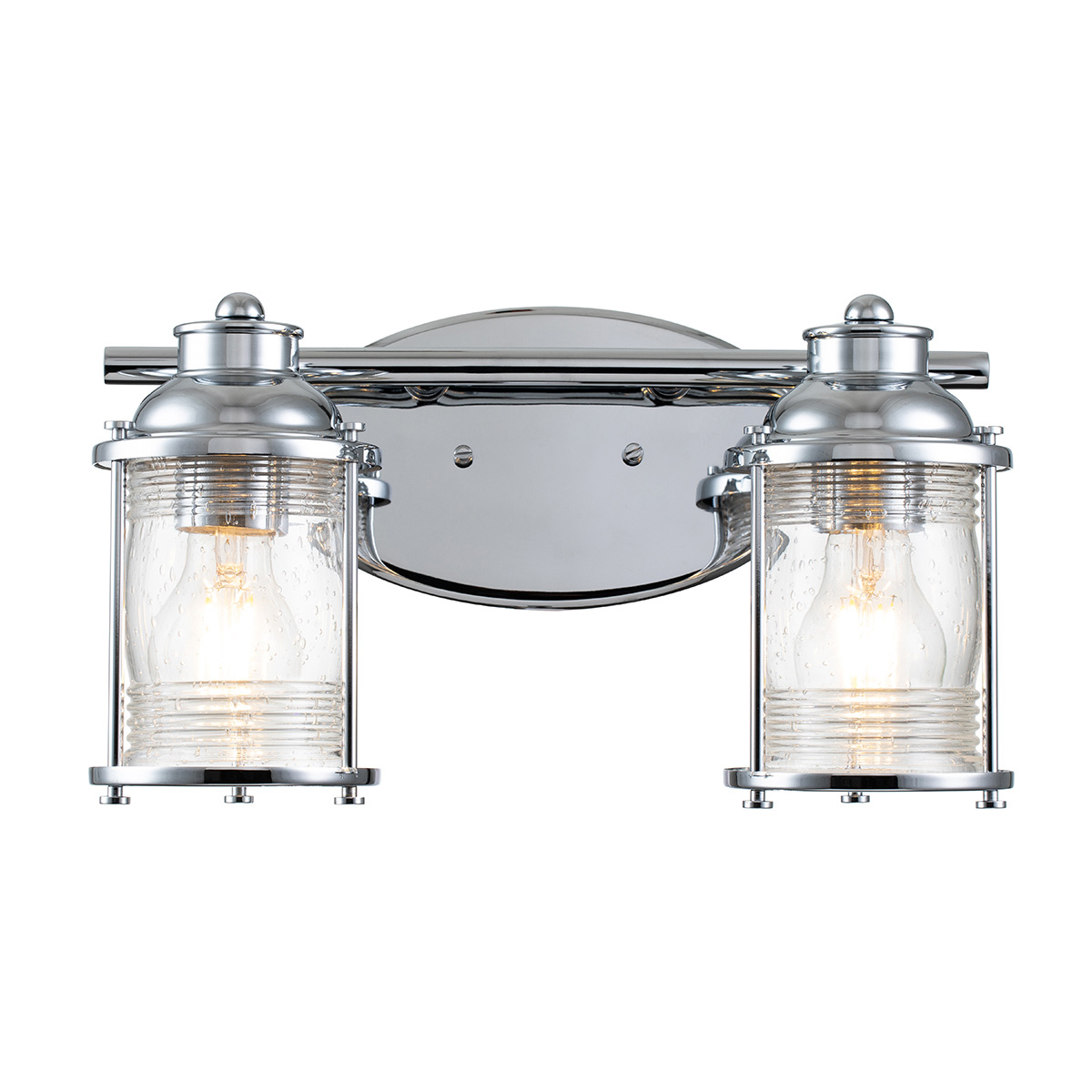 Ashland Bay 36cm Chroom badkamerlamp Van Elstead Lighting - Gemaakt van staal en glas, heeft het een luxe gepolijste chromen afwerking en twee prachtig gestructureerde glazen die het licht op een aangename manier verspreiden.