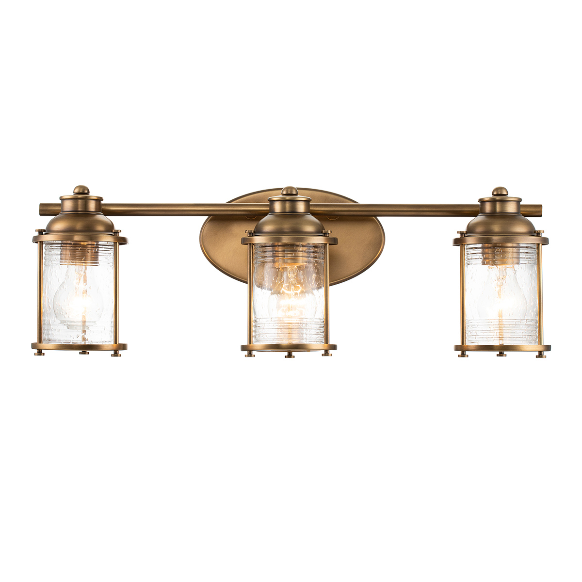 Ashland Bay 60cm Messing badkamerlamp Van Elstead Lighting - Gemaakt van staal en glas, heeft het een luxueuze messing afwerking en drie prachtig getextureerde glazen die het licht verspreiden.