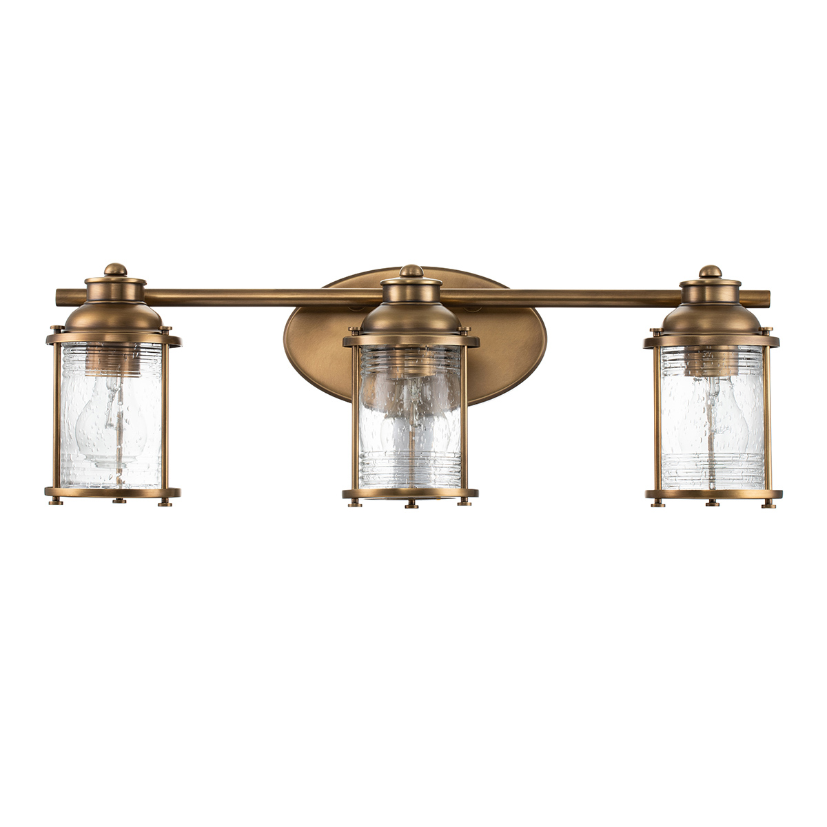 Ashland Bay 60cm Messing badkamerlamp Van Elstead Lighting - Gemaakt van staal en glas, heeft het een luxueuze messing afwerking en drie prachtig getextureerde glazen die het licht verspreiden.