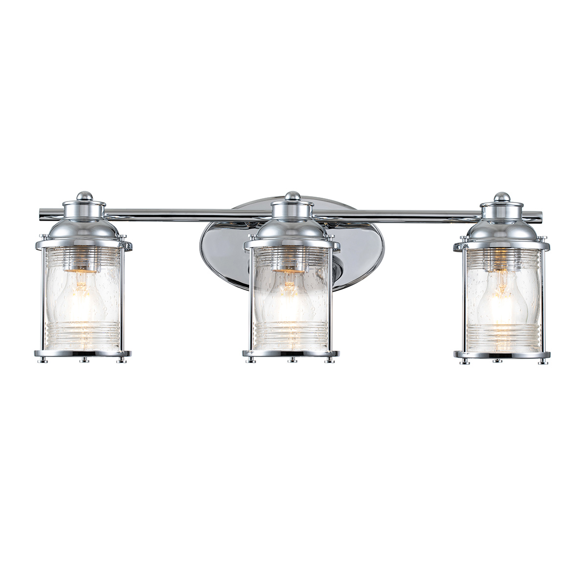 Ashland Bay 60cm Chroom badkamerlamp Van Elstead Lighting - Gemaakt van staal en glas, heeft het een luxe gepolijste chromen afwerking en drie prachtig getextureerde glazen die het licht verspreiden.