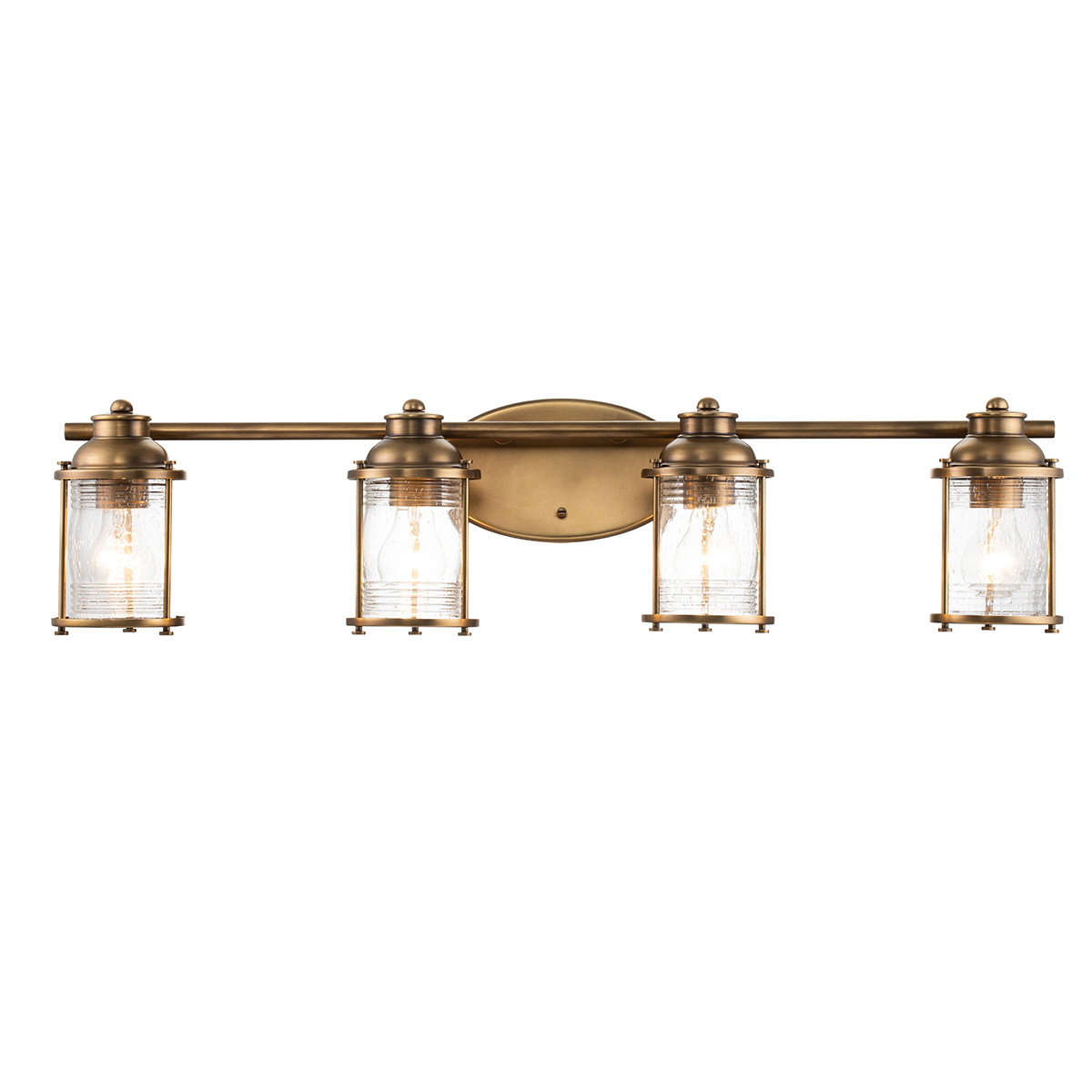 Ashland Bay 85cm Messing badkamerlamp Van Elstead Lighting - Gemaakt van staal en glas, heeft het een luxueuze messing afwerking en vier prachtig getextureerde glazen die het licht verspreiden.