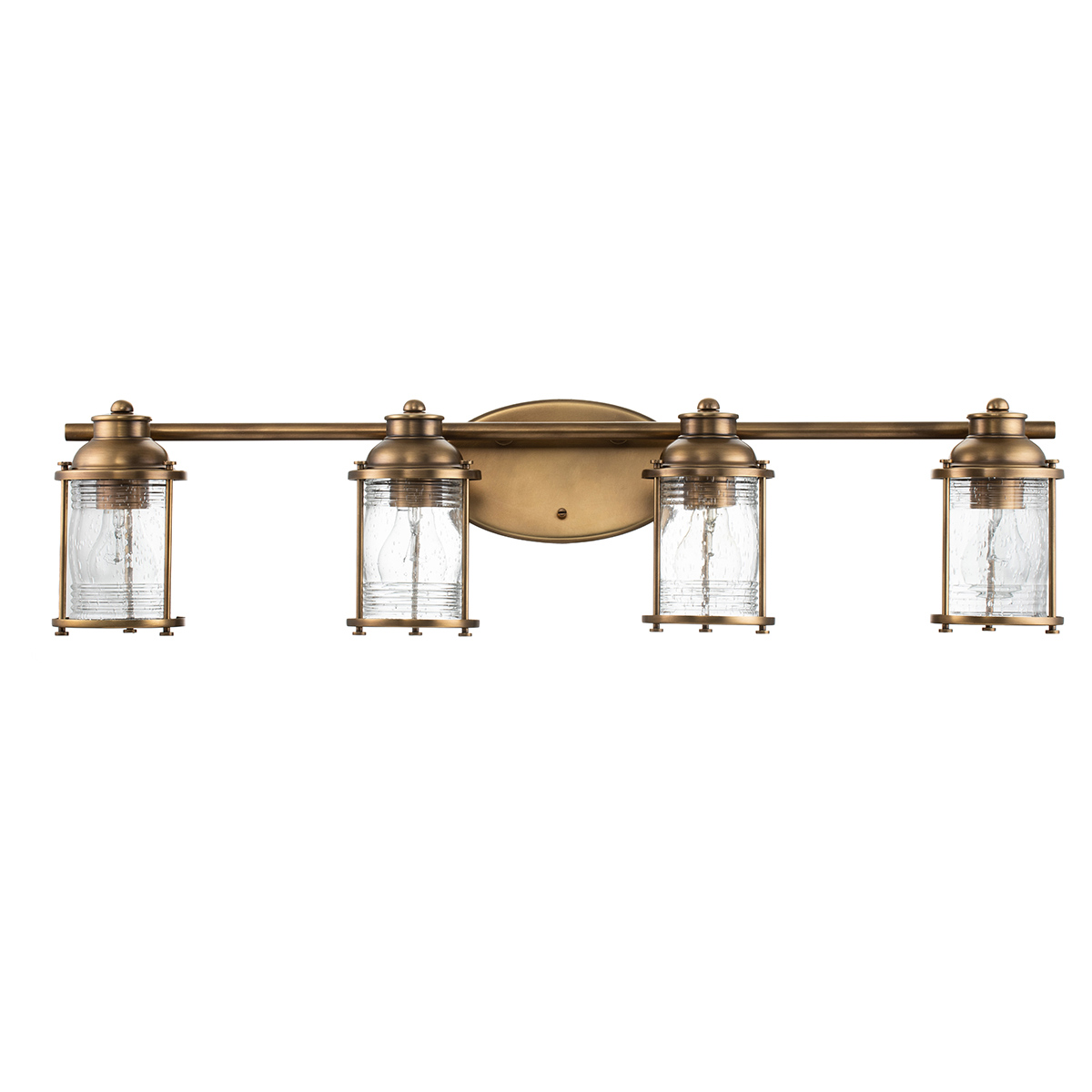 Ashland Bay 85cm Messing badkamerlamp Van Elstead Lighting - Gemaakt van staal en glas, heeft het een luxueuze messing afwerking en vier prachtig getextureerde glazen die het licht verspreiden.