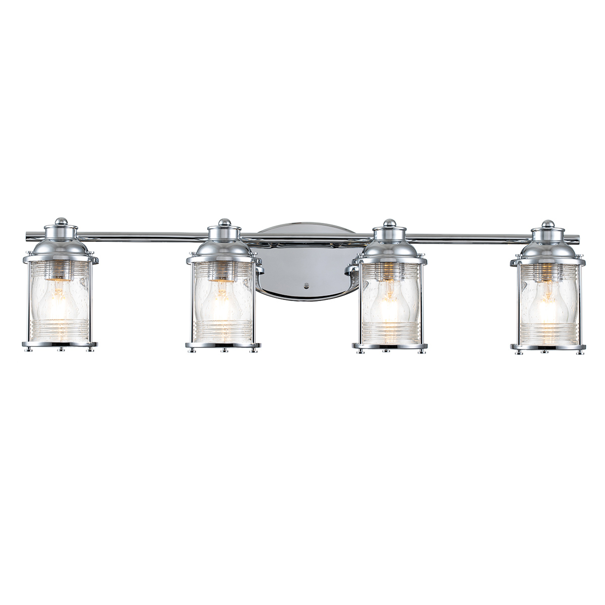 Ashland Bay 85cm Chroom badkamerlamp Van Elstead Lighting - Gemaakt van staal en glas, heeft het een luxe gepolijste chromen afwerking en vier prachtig getextureerde glazen die het licht verspreiden.