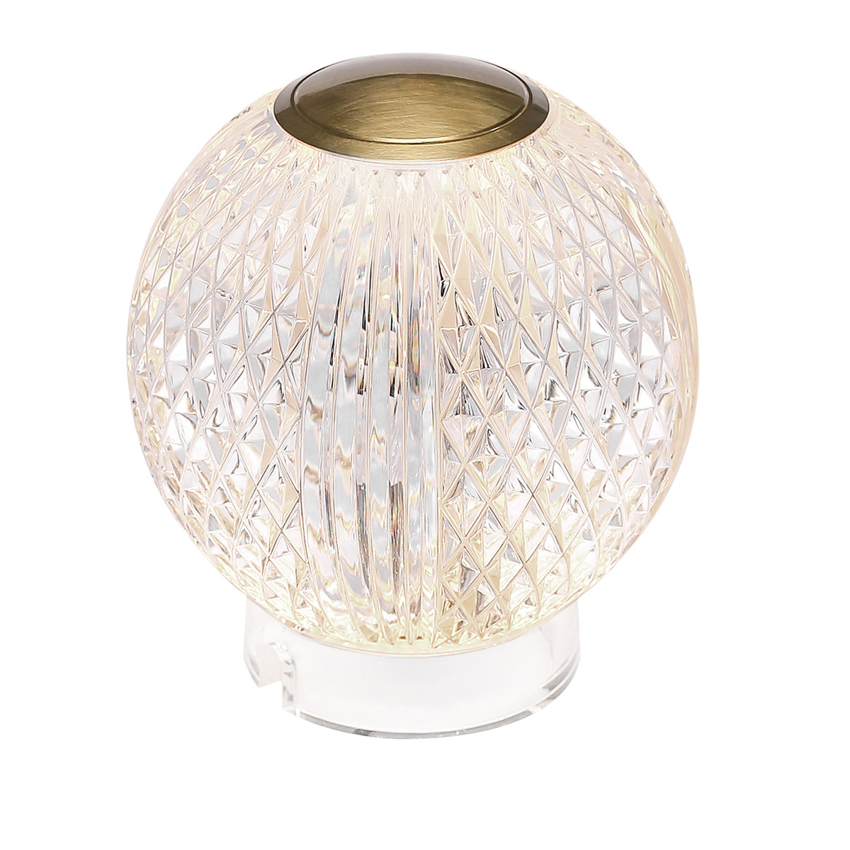 Marni 10cm Transparant Draagbare Van Elstead Lighting - Marni is een elegante en oplaadbare tafellamp met een decoratief ontwerp dat staal met een natuurlijke messing afwerking combineert met transparant, patroonacryl.