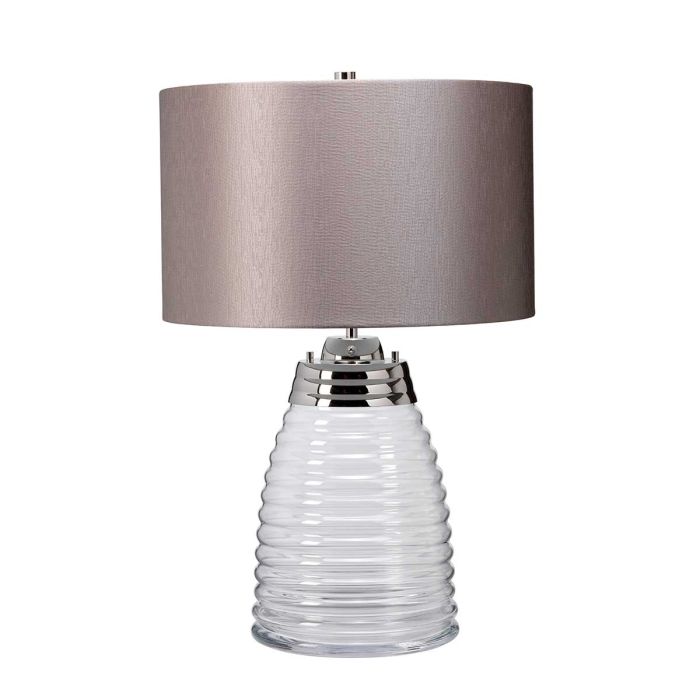 Milne 64cm Grijs tafellamp Van Elstead Lighting - Till sk&auml;rmen beh&ouml;vs en E27 ljusk&auml;lla (ej inkluderad) och till basen ing&aring;r en utbytbar 8W LED GU10-lampa, som ger 560 lumen vid en f&auml;rgtemperatur p&aring; 3000K.
