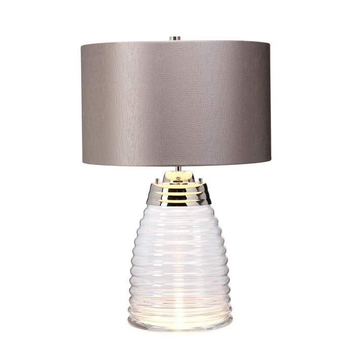 Milne 64cm Grijs tafellamp Van Elstead Lighting - Till sk&auml;rmen beh&ouml;vs en E27 ljusk&auml;lla (ej inkluderad) och till basen ing&aring;r en utbytbar 8W LED GU10-lampa, som ger 560 lumen vid en f&auml;rgtemperatur p&aring; 3000K.