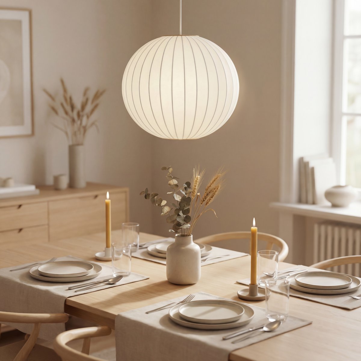 Kanoa Ø40 Wit hanglamp Van Aneta Lighting - Wanneer de lamp brandt, verspreidt zich een aangenaam licht door de stof, wat bijdraagt aan een warme en gezellige sfeer in de kamer.