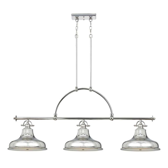 Emery 133cm Zilver hanglamp Van Elstead Lighting - De lamp is gemaakt van staal met een prachtige, glanzende zilveren afwerking en heeft drie decoratieve kappen die een echte blikvanger vormen.