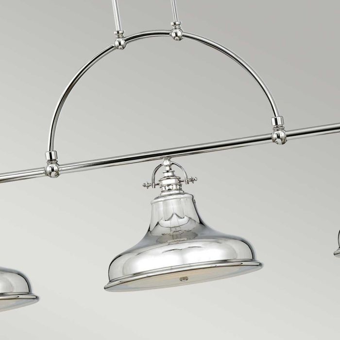 Emery 133cm Zilver hanglamp Van Elstead Lighting - De lamp is gemaakt van staal met een prachtige, glanzende zilveren afwerking en heeft drie decoratieve kappen die een echte blikvanger vormen.