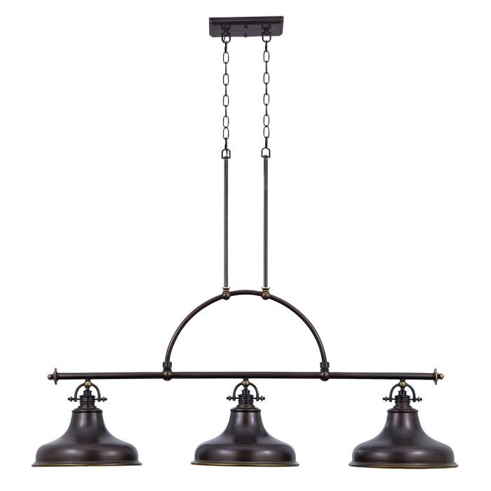 Emery 133cm Bronzen hanglamp Van Elstead Lighting - De lamp is gemaakt van staal met een prachtige, donkerbronskleurige afwerking en heeft drie decoratieve kappen die hem tot een opvallende blikvanger maken.