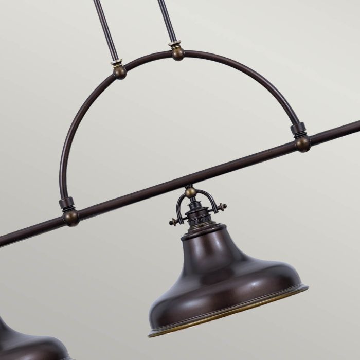 Emery 133cm Bronzen hanglamp Van Elstead Lighting - De lamp is gemaakt van staal met een prachtige, donkerbronskleurige afwerking en heeft drie decoratieve kappen die hem tot een opvallende blikvanger maken.