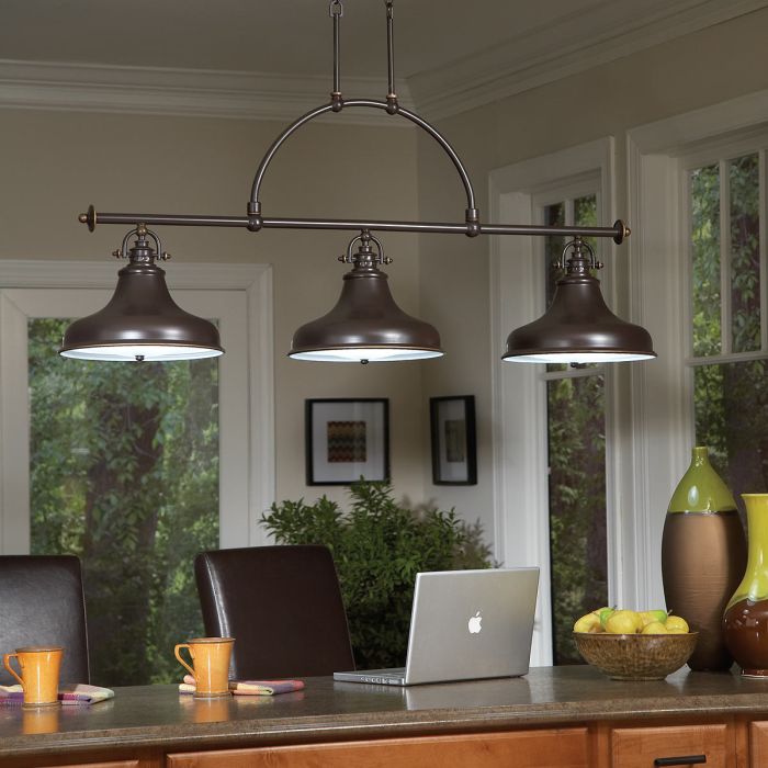Emery 133cm Bronzen hanglamp Van Elstead Lighting - De lamp is gemaakt van staal met een prachtige, donkerbronskleurige afwerking en heeft drie decoratieve kappen die hem tot een opvallende blikvanger maken.