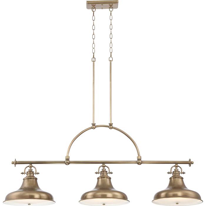 Emery 133cm Messing hanglamp Van Elstead Lighting - De lamp is gemaakt van staal met een prachtige, donkere messing afwerking en heeft drie decoratieve kappen die hem tot een opvallende blikvanger maken.