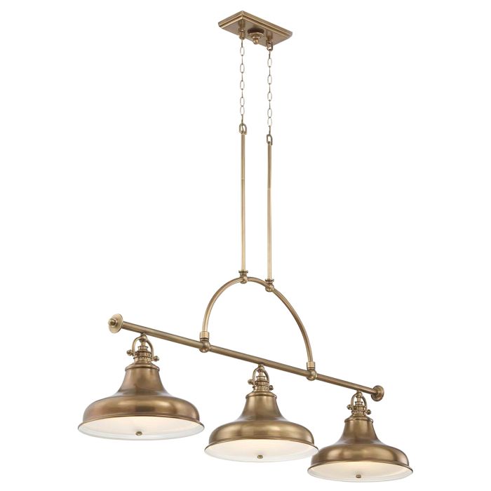 Emery 133cm Messing hanglamp Van Elstead Lighting - De lamp is gemaakt van staal met een prachtige, donkere messing afwerking en heeft drie decoratieve kappen die hem tot een opvallende blikvanger maken.