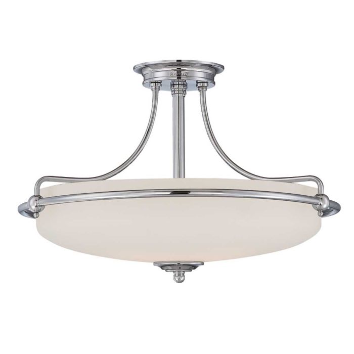 Griffin Ø53 Chroom plafondlamp Van Elstead Lighting - Den etsade sk&auml;rmen &auml;r vitm&aring;lad p&aring; insidan, vilket sprider ljuset j&auml;mnt och skapar en behaglig belysning i hemmet.