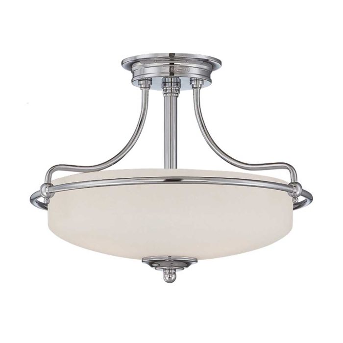 Griffin Ø42 Chroom plafondlamp Van Elstead Lighting - Den etsade sk&auml;rmen &auml;r vitm&aring;lad p&aring; insidan, vilket sprider ljuset j&auml;mnt och skapar en behaglig belysning i hemmet.