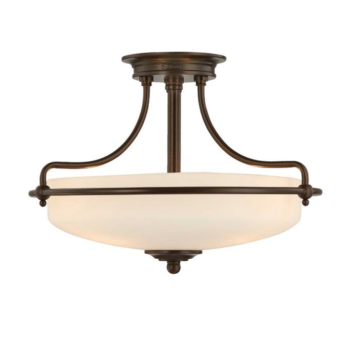 Griffin Ø42 Bronzen plafondlamp Van Elstead Lighting - Den etsade sk&auml;rmen &auml;r vitm&aring;lad p&aring; insidan, vilket sprider ljuset j&auml;mnt och skapar en behaglig belysning i hemmet.