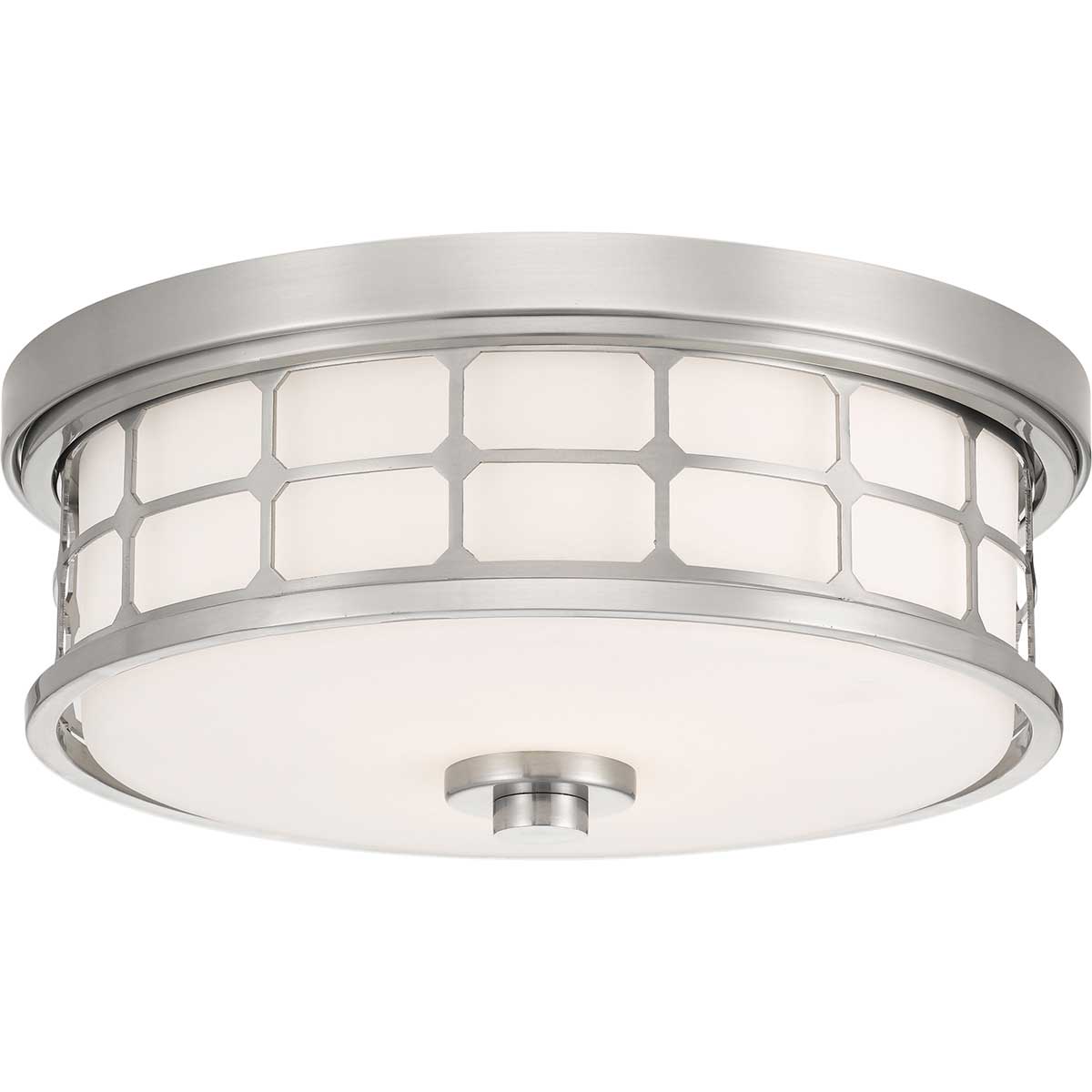 Guardian Ø35 Geborsteld nikkel badkamerlamp Van Elstead Lighting - De geborstelde nikkel afwerking en het geometrische frame geven de lamp een elegante uitstraling, terwijl het opaalglas een aangenaam en zacht licht verspreidt.
