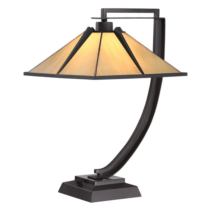 Pomeroy 55cm Brons/geel Van Elstead Lighting - Dankzij het overhangende ontwerp lijkt de zachtgele kap te zweven in het midden van de lampenvoet, die een elegante bronzen afwerking heeft.
