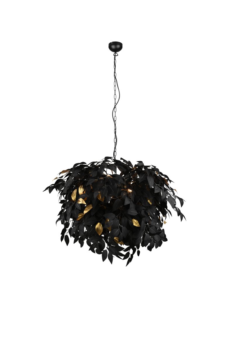 Leavy Ø70 Zwart hanglamp Van Trio Lighting - De stijl van de lamp past bij Young Living en de combinatie van zwarte en gouden bladeren en een matzwarte kap maken dat de lamp eenvoudig te integreren is in verschillende kleurconcepten.