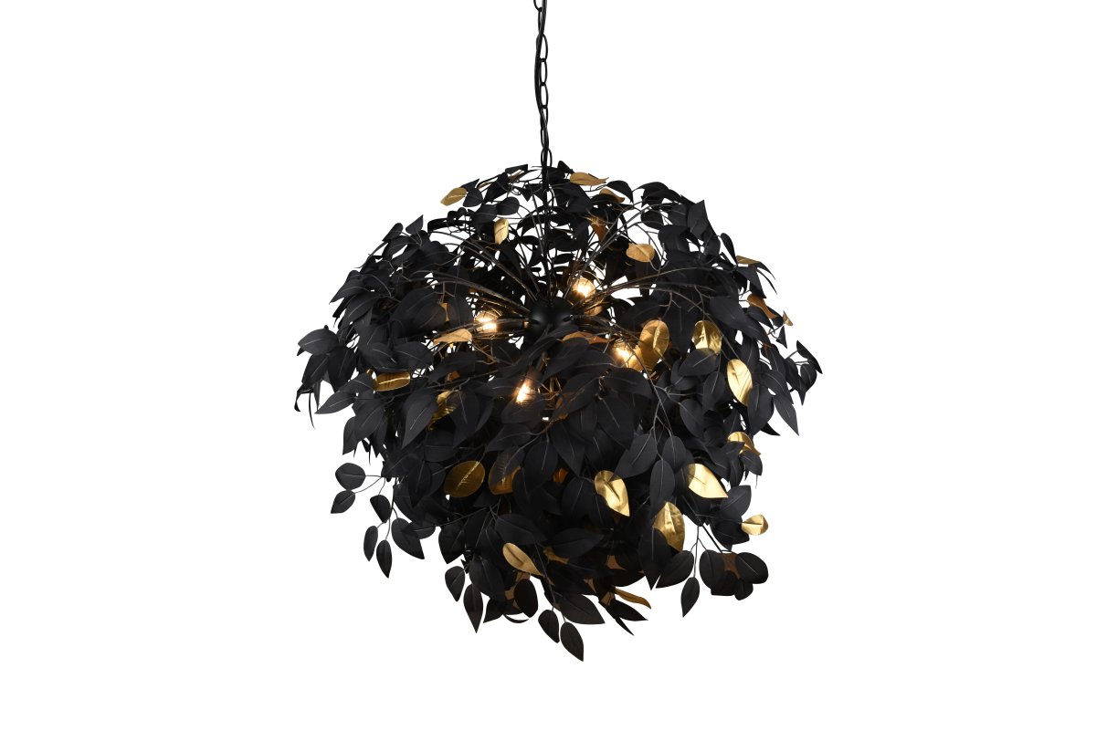 Leavy Ø70 Zwart hanglamp Van Trio Lighting - De stijl van de lamp past bij Young Living en de combinatie van zwarte en gouden bladeren en een matzwarte kap maken dat de lamp eenvoudig te integreren is in verschillende kleurconcepten.
